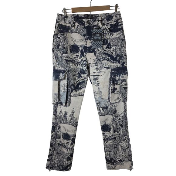 REBEL VENGEANCE Skull Print Tapestry Cargo Jacquard Fringe Sides SZ 28x30.5 NEW - Picture 1 of 16